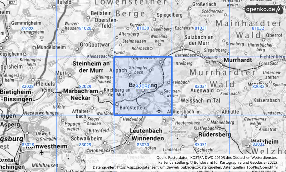 Übersichtskarte KOSTRA-DWD-2010R Rasterfeld Nr. 82030 mit angrenzenden Feldern