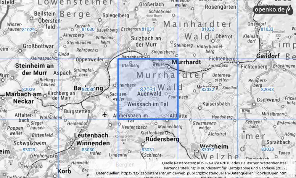 Übersichtskarte KOSTRA-DWD-2010R Rasterfeld Nr. 82031 mit angrenzenden Feldern