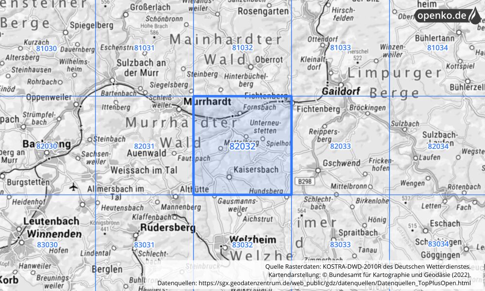 Übersichtskarte KOSTRA-DWD-2010R Rasterfeld Nr. 82032 mit angrenzenden Feldern