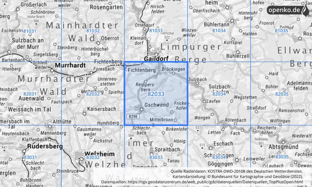 Übersichtskarte KOSTRA-DWD-2010R Rasterfeld Nr. 82033 mit angrenzenden Feldern