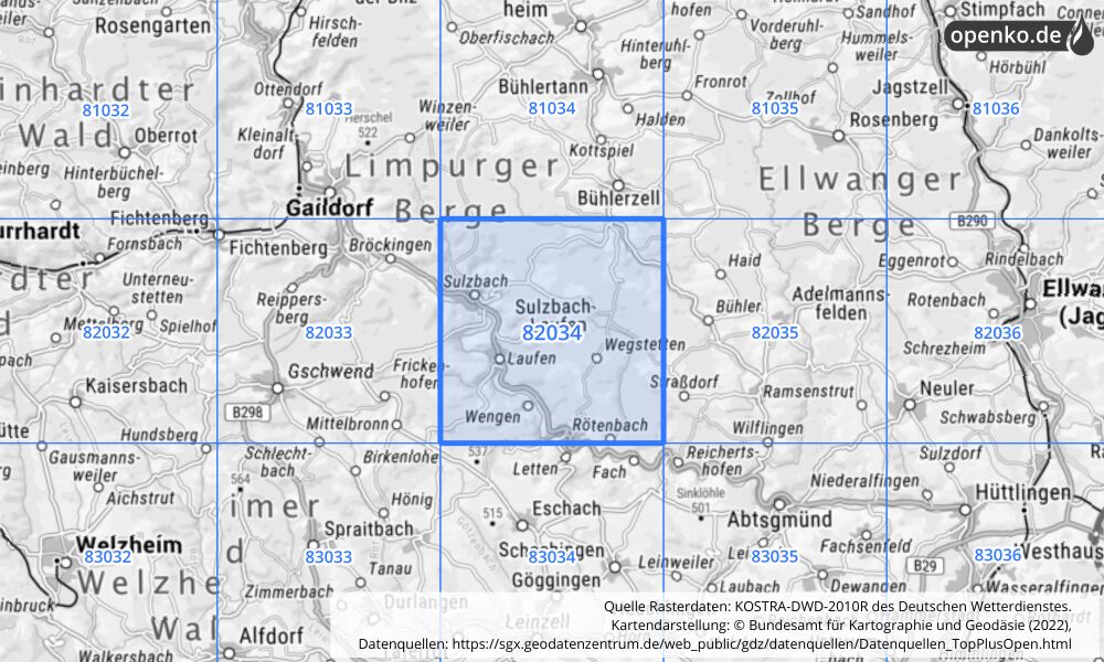 Übersichtskarte KOSTRA-DWD-2010R Rasterfeld Nr. 82034 mit angrenzenden Feldern