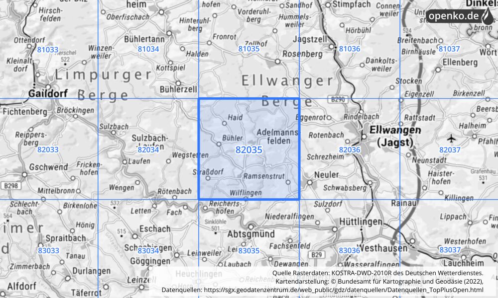 Übersichtskarte KOSTRA-DWD-2010R Rasterfeld Nr. 82035 mit angrenzenden Feldern