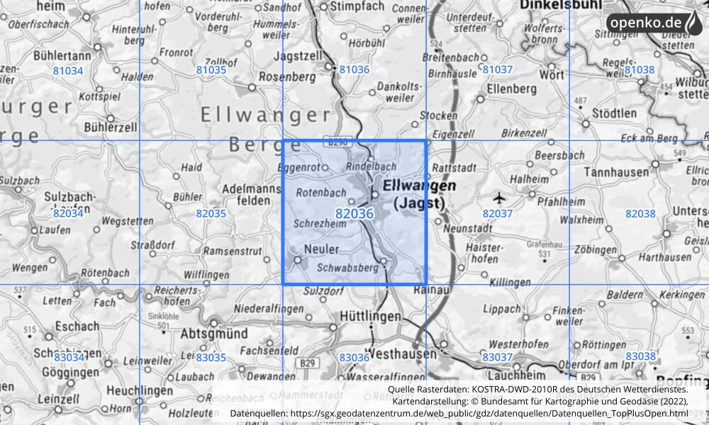 Übersichtskarte KOSTRA-DWD-2010R Rasterfeld Nr. 82036 mit angrenzenden Feldern