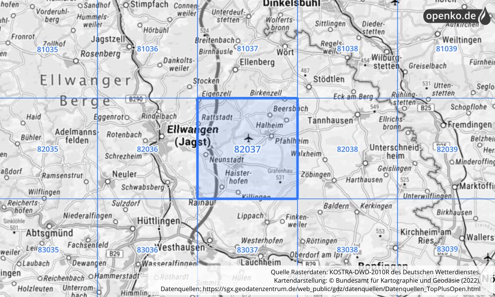 Übersichtskarte KOSTRA-DWD-2010R Rasterfeld Nr. 82037 mit angrenzenden Feldern