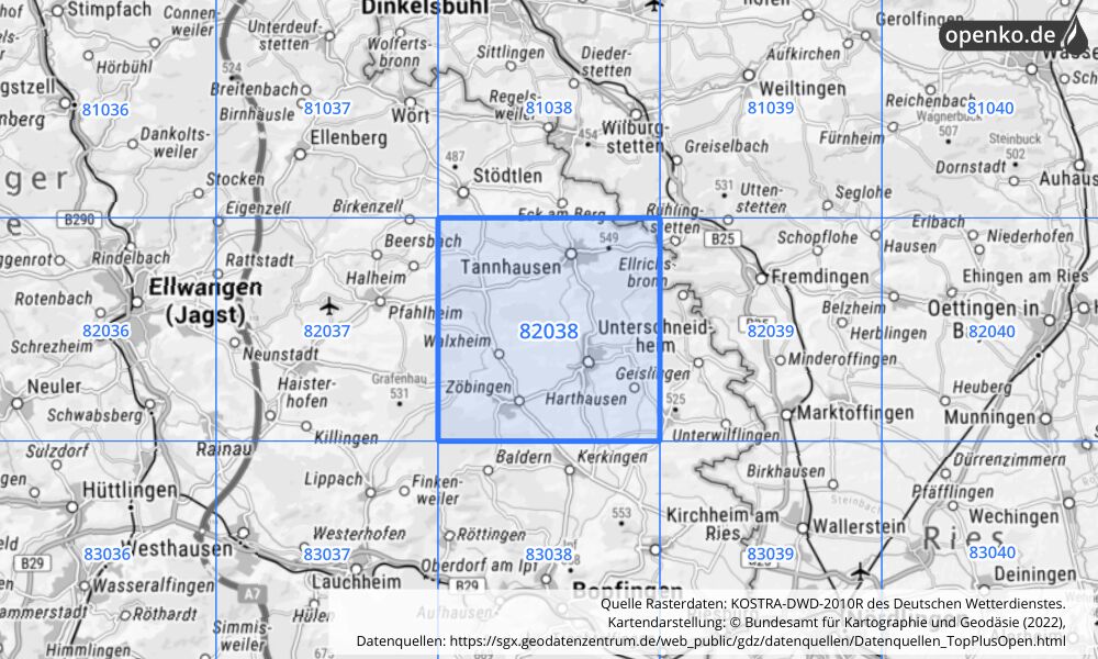 Übersichtskarte KOSTRA-DWD-2010R Rasterfeld Nr. 82038 mit angrenzenden Feldern