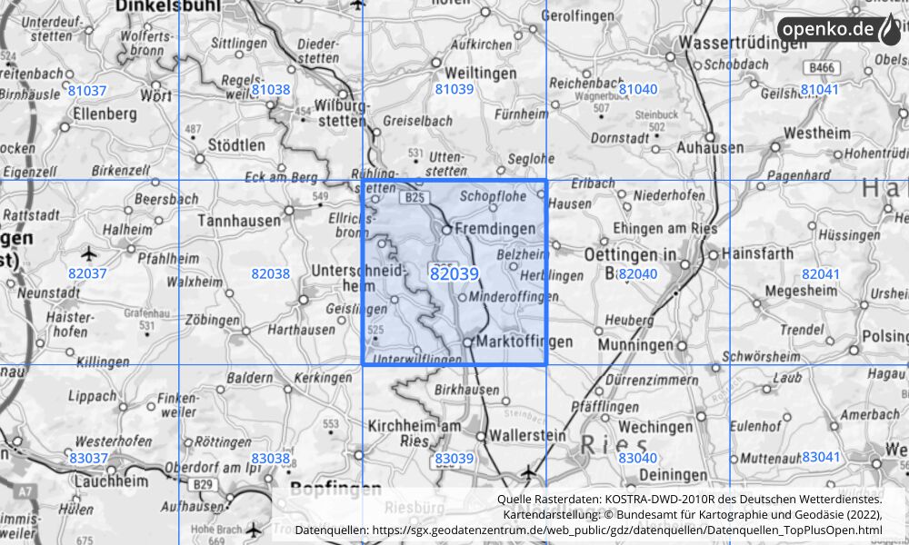Übersichtskarte KOSTRA-DWD-2010R Rasterfeld Nr. 82039 mit angrenzenden Feldern