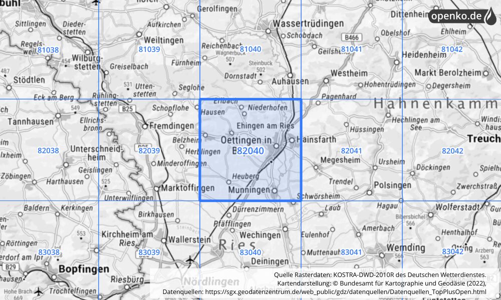 Übersichtskarte KOSTRA-DWD-2010R Rasterfeld Nr. 82040 mit angrenzenden Feldern