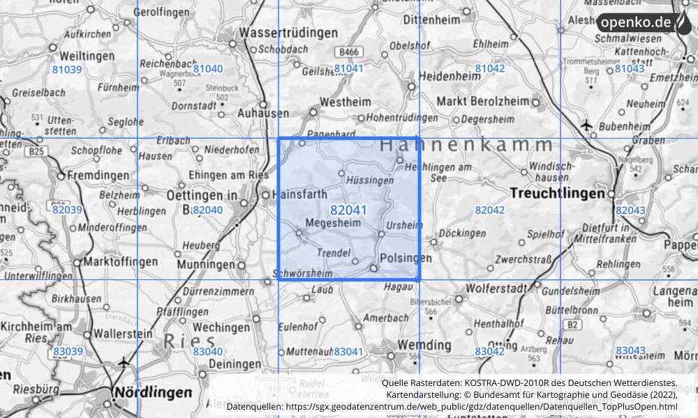 Übersichtskarte KOSTRA-DWD-2010R Rasterfeld Nr. 82041 mit angrenzenden Feldern