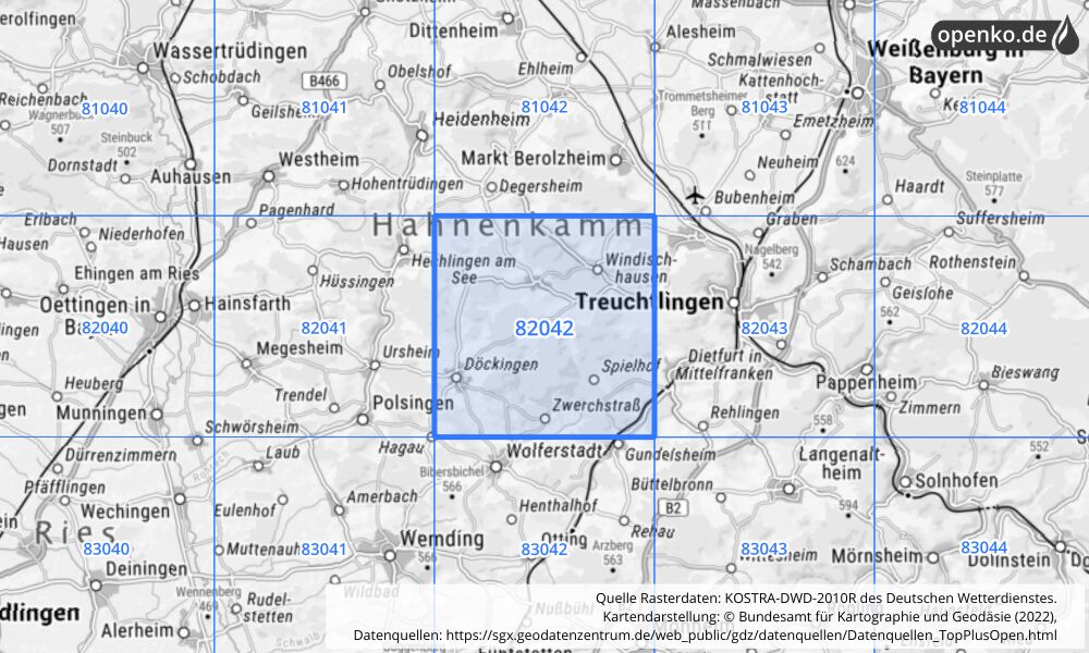 Übersichtskarte KOSTRA-DWD-2010R Rasterfeld Nr. 82042 mit angrenzenden Feldern