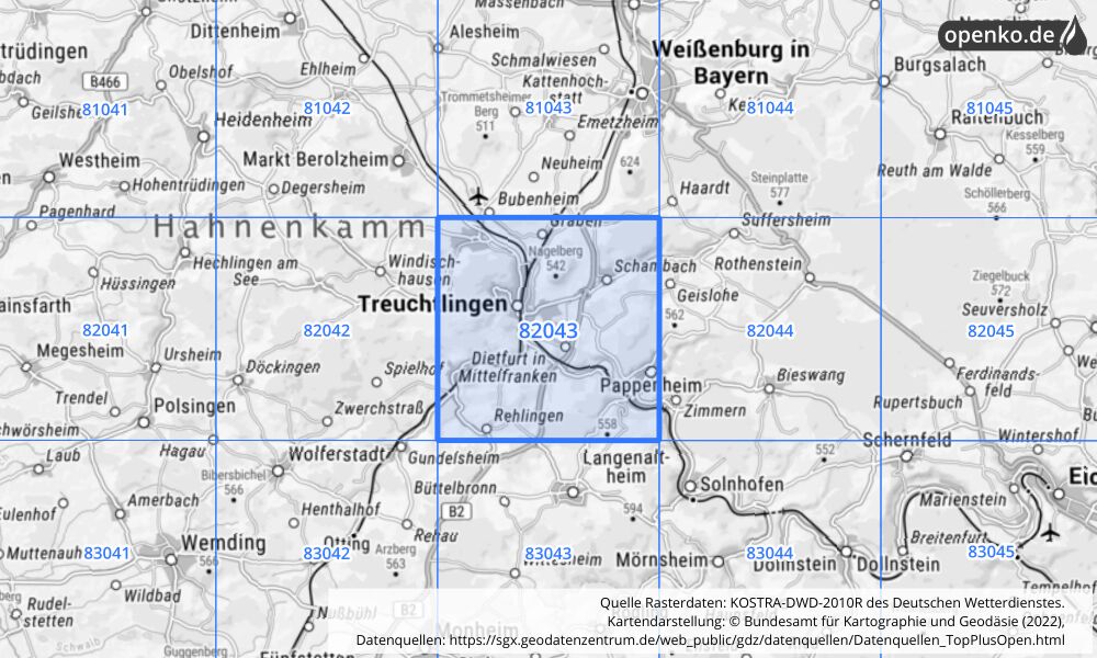 Übersichtskarte KOSTRA-DWD-2010R Rasterfeld Nr. 82043 mit angrenzenden Feldern