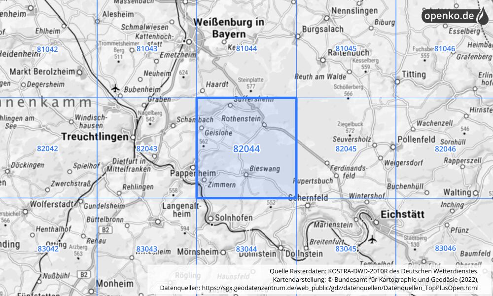 Übersichtskarte KOSTRA-DWD-2010R Rasterfeld Nr. 82044 mit angrenzenden Feldern