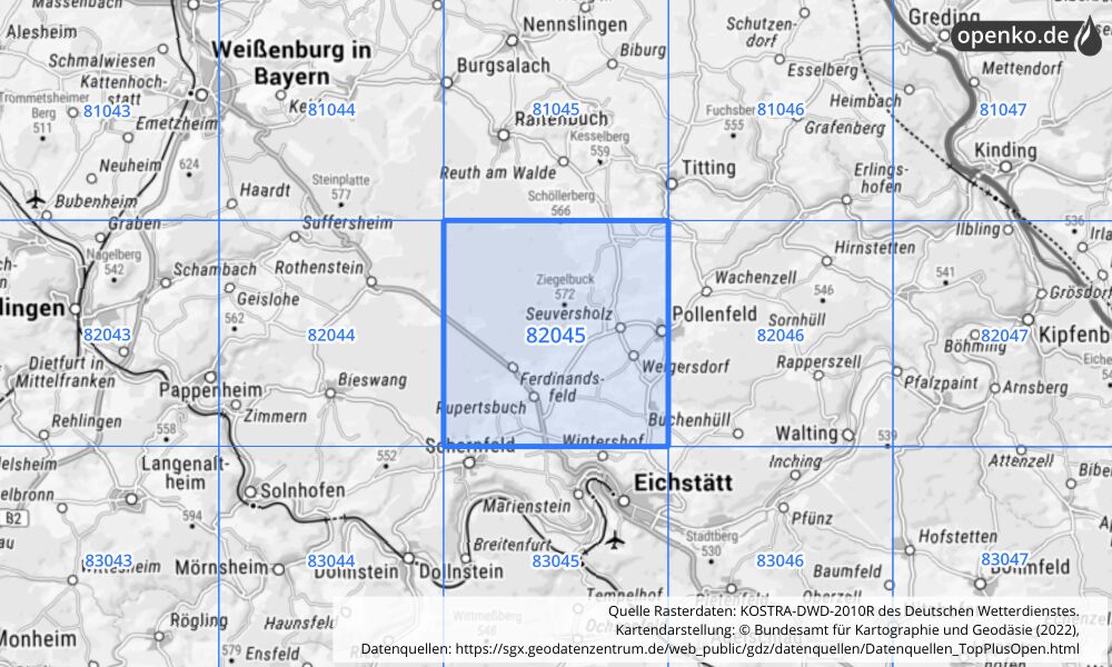 Übersichtskarte KOSTRA-DWD-2010R Rasterfeld Nr. 82045 mit angrenzenden Feldern