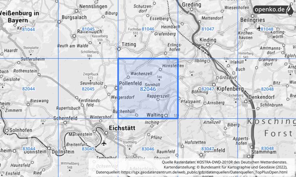 Übersichtskarte KOSTRA-DWD-2010R Rasterfeld Nr. 82046 mit angrenzenden Feldern