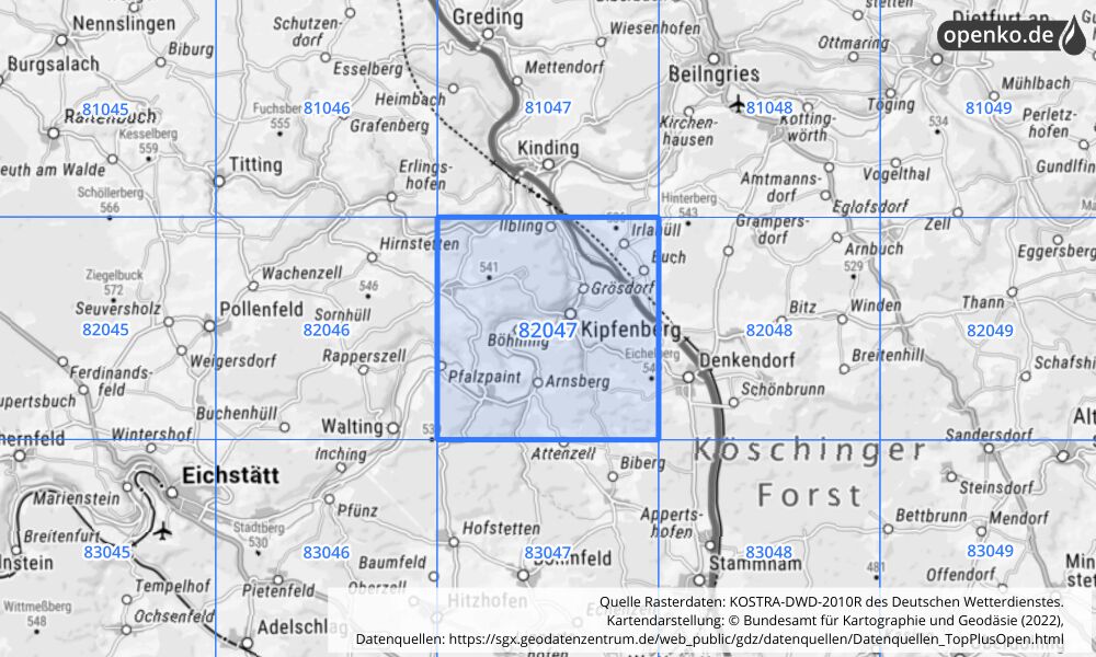 Übersichtskarte KOSTRA-DWD-2010R Rasterfeld Nr. 82047 mit angrenzenden Feldern