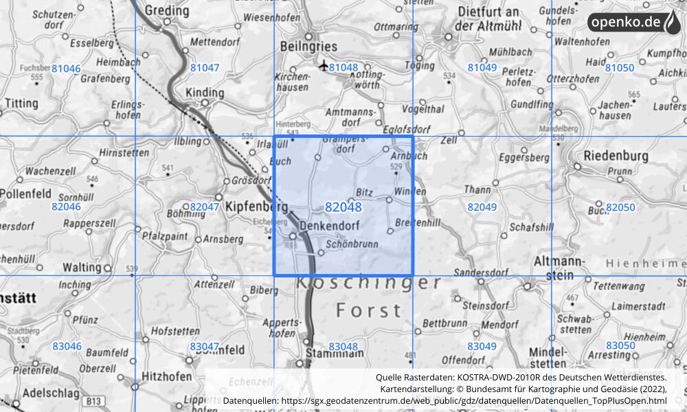 Übersichtskarte KOSTRA-DWD-2010R Rasterfeld Nr. 82048 mit angrenzenden Feldern