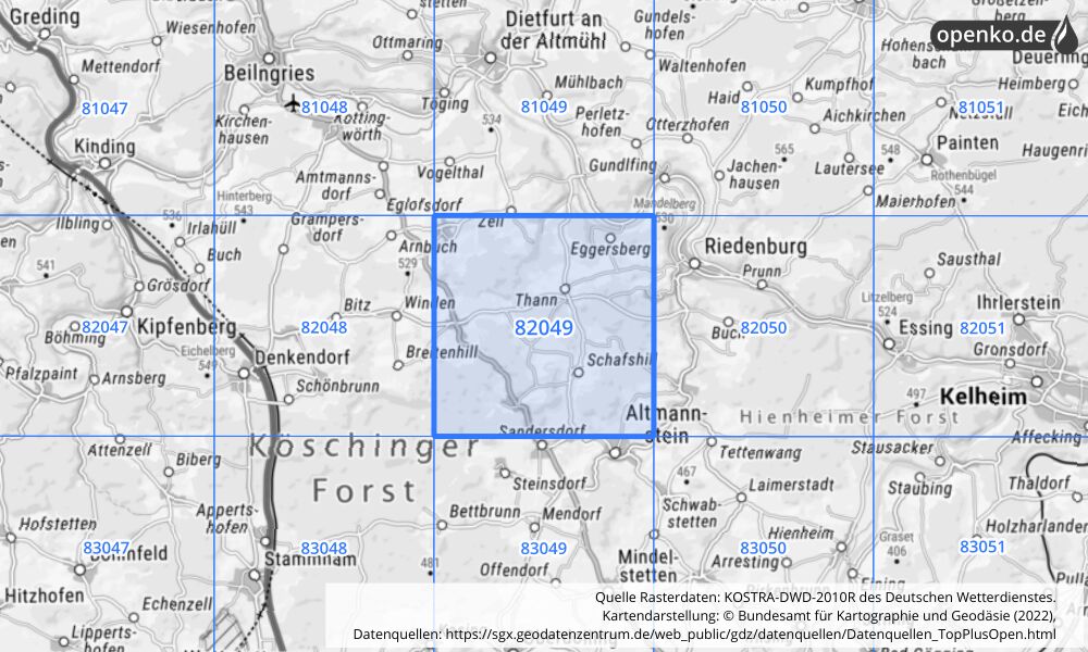 Übersichtskarte KOSTRA-DWD-2010R Rasterfeld Nr. 82049 mit angrenzenden Feldern