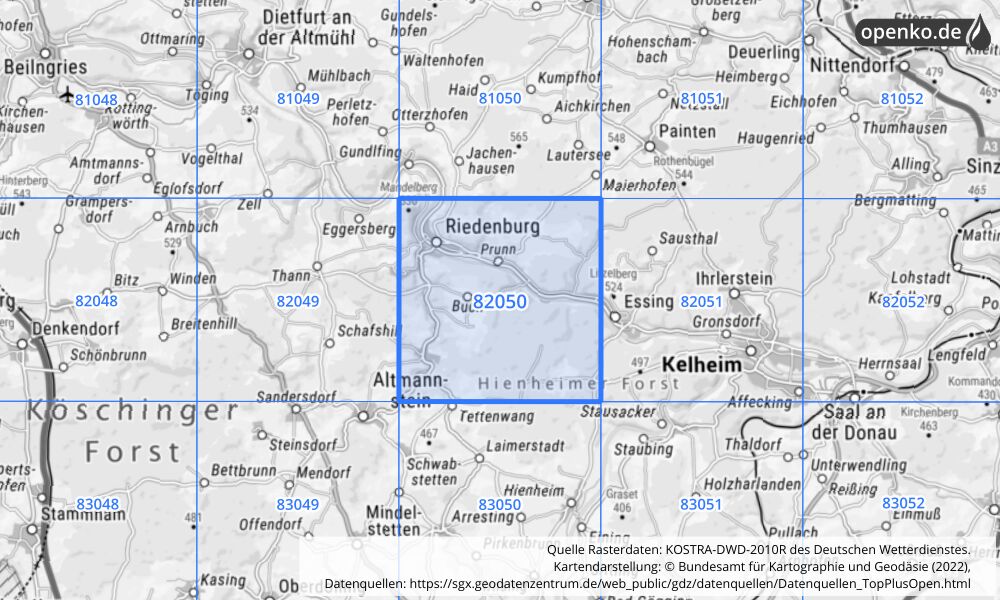 Übersichtskarte KOSTRA-DWD-2010R Rasterfeld Nr. 82050 mit angrenzenden Feldern