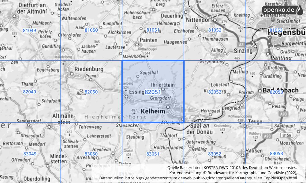 Übersichtskarte KOSTRA-DWD-2010R Rasterfeld Nr. 82051 mit angrenzenden Feldern