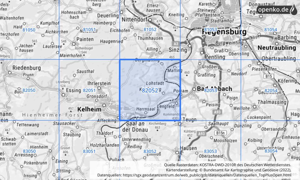 Übersichtskarte KOSTRA-DWD-2010R Rasterfeld Nr. 82052 mit angrenzenden Feldern