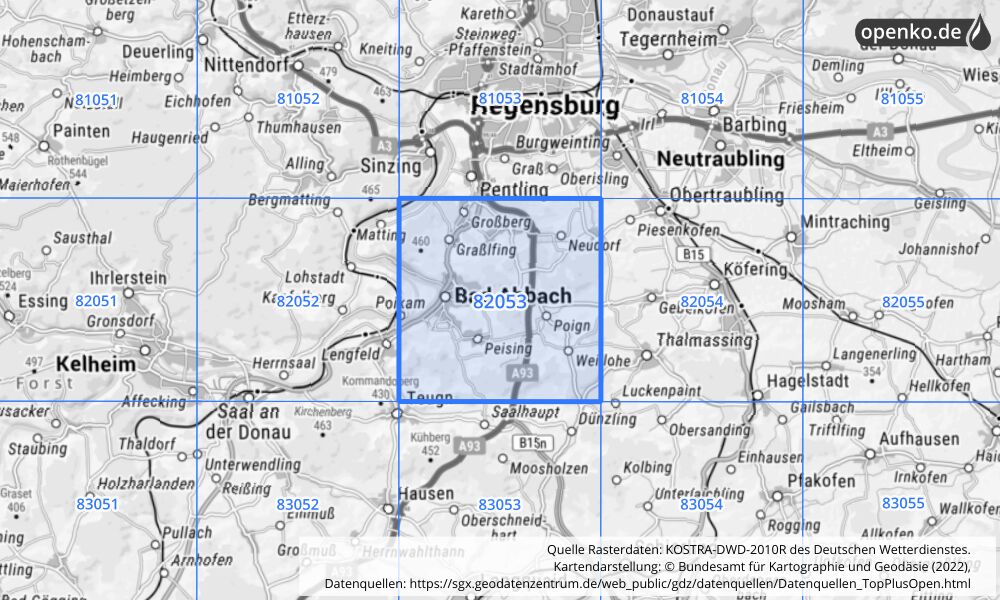 Übersichtskarte KOSTRA-DWD-2010R Rasterfeld Nr. 82053 mit angrenzenden Feldern