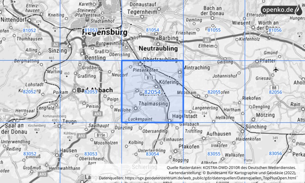 Übersichtskarte KOSTRA-DWD-2010R Rasterfeld Nr. 82054 mit angrenzenden Feldern