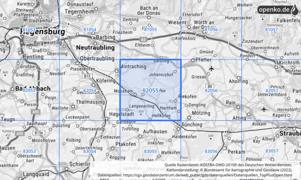 Übersichtskarte KOSTRA-DWD-2010R Rasterfeld Nr. 82055 mit angrenzenden Feldern