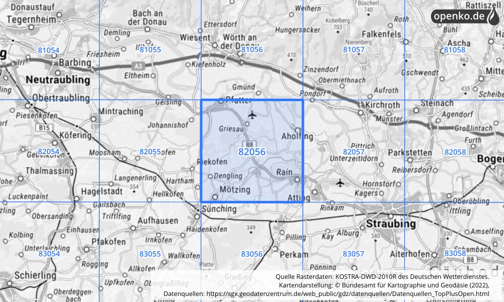 Übersichtskarte KOSTRA-DWD-2010R Rasterfeld Nr. 82056 mit angrenzenden Feldern