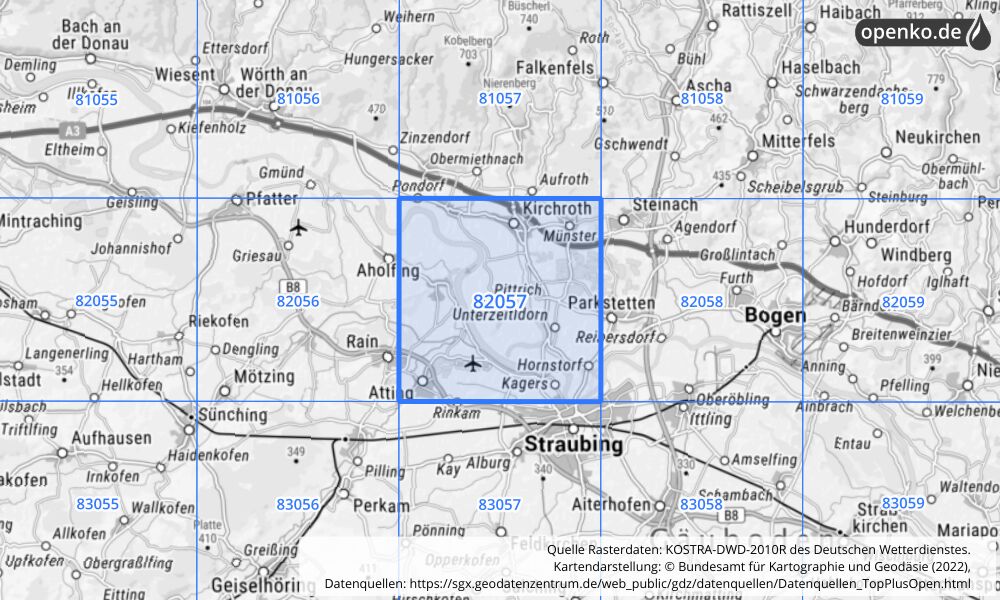 Übersichtskarte KOSTRA-DWD-2010R Rasterfeld Nr. 82057 mit angrenzenden Feldern