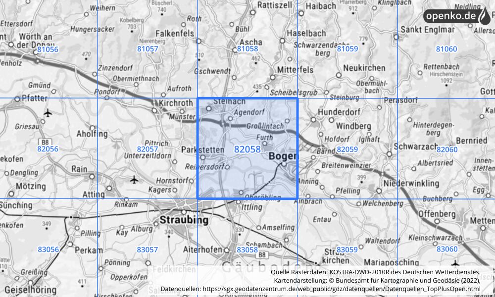 Übersichtskarte KOSTRA-DWD-2010R Rasterfeld Nr. 82058 mit angrenzenden Feldern