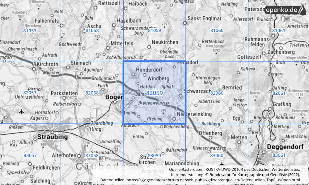 Übersichtskarte KOSTRA-DWD-2010R Rasterfeld Nr. 82059 mit angrenzenden Feldern