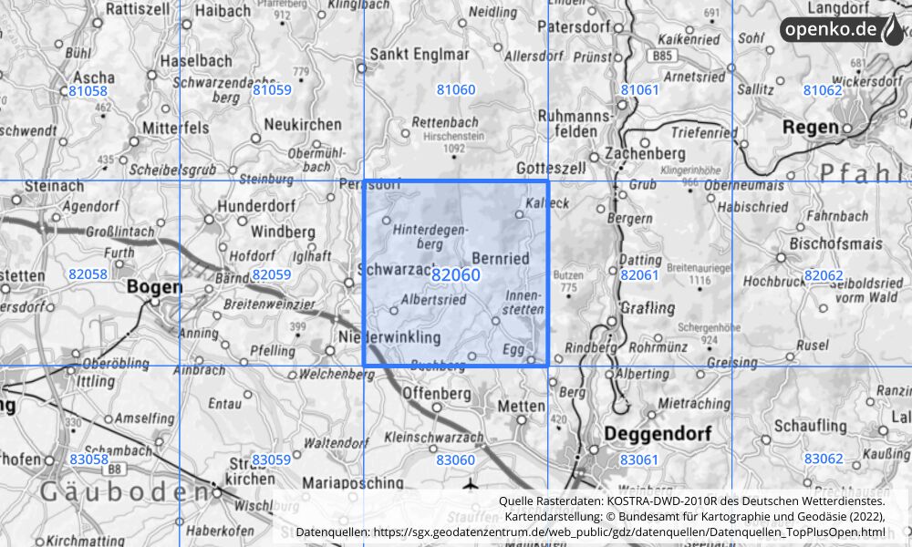 Übersichtskarte KOSTRA-DWD-2010R Rasterfeld Nr. 82060 mit angrenzenden Feldern