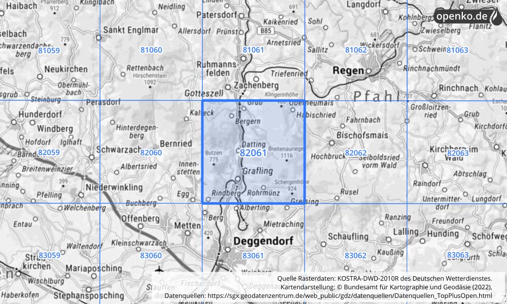 Übersichtskarte KOSTRA-DWD-2010R Rasterfeld Nr. 82061 mit angrenzenden Feldern