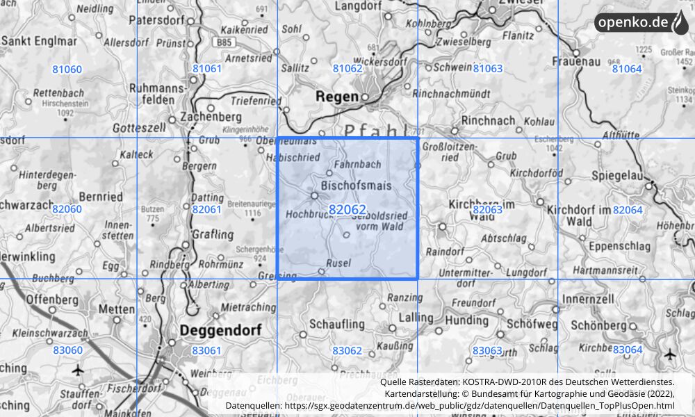 Übersichtskarte KOSTRA-DWD-2010R Rasterfeld Nr. 82062 mit angrenzenden Feldern