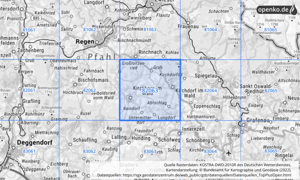 Übersichtskarte KOSTRA-DWD-2010R Rasterfeld Nr. 82063 mit angrenzenden Feldern