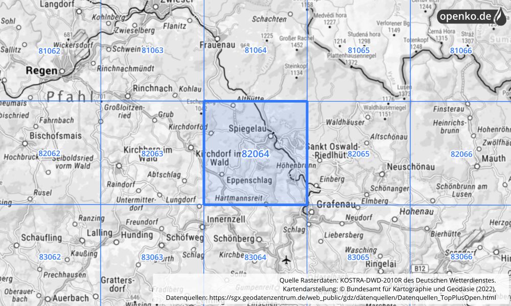 Übersichtskarte KOSTRA-DWD-2010R Rasterfeld Nr. 82064 mit angrenzenden Feldern