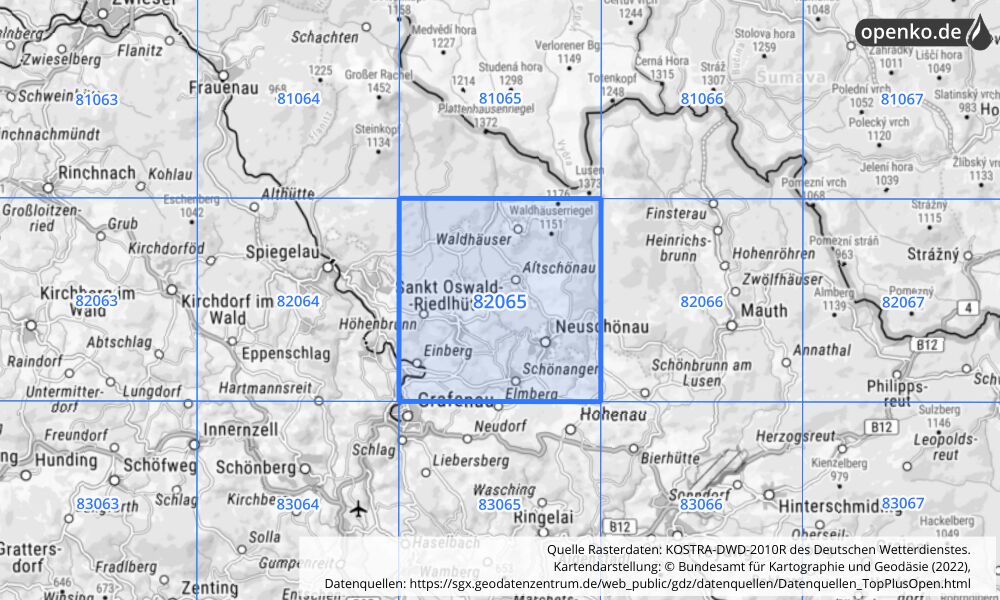 Übersichtskarte KOSTRA-DWD-2010R Rasterfeld Nr. 82065 mit angrenzenden Feldern