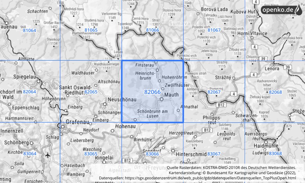 Übersichtskarte KOSTRA-DWD-2010R Rasterfeld Nr. 82066 mit angrenzenden Feldern