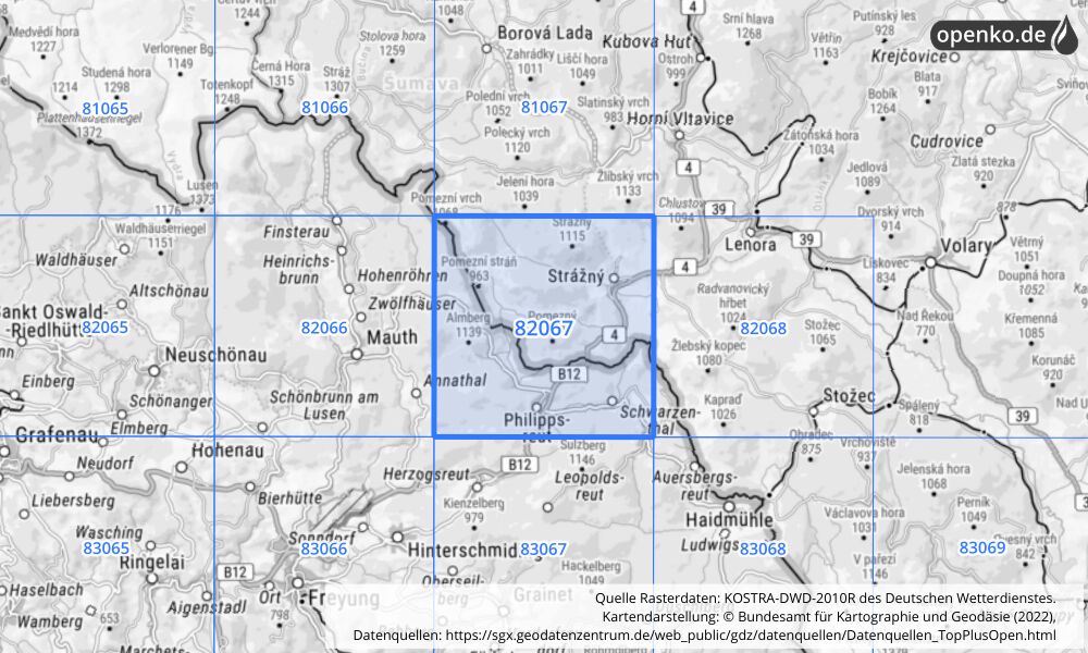 Übersichtskarte KOSTRA-DWD-2010R Rasterfeld Nr. 82067 mit angrenzenden Feldern