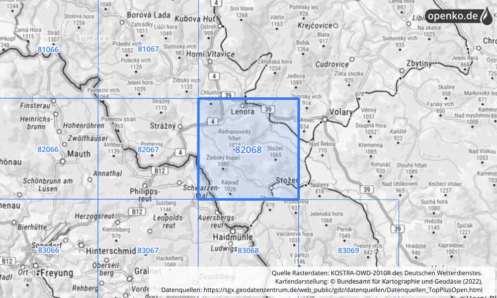 Übersichtskarte KOSTRA-DWD-2010R Rasterfeld Nr. 82068 mit angrenzenden Feldern