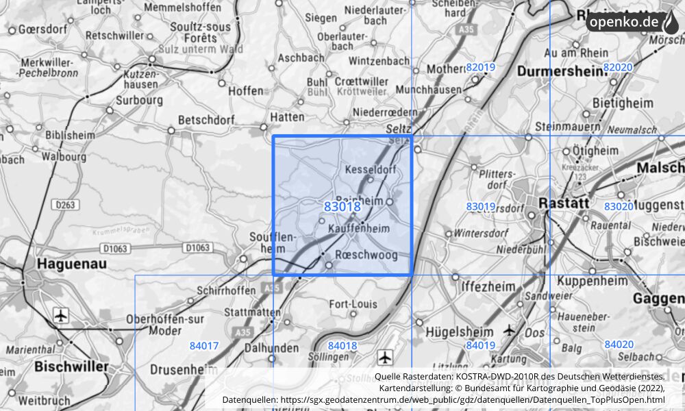 Übersichtskarte KOSTRA-DWD-2010R Rasterfeld Nr. 83018 mit angrenzenden Feldern