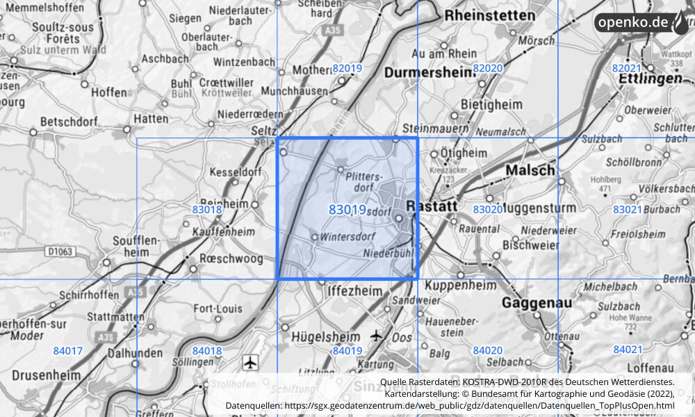 Übersichtskarte KOSTRA-DWD-2010R Rasterfeld Nr. 83019 mit angrenzenden Feldern