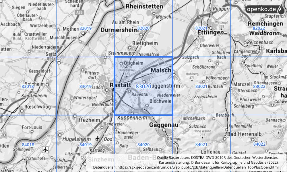 Übersichtskarte KOSTRA-DWD-2010R Rasterfeld Nr. 83020 mit angrenzenden Feldern