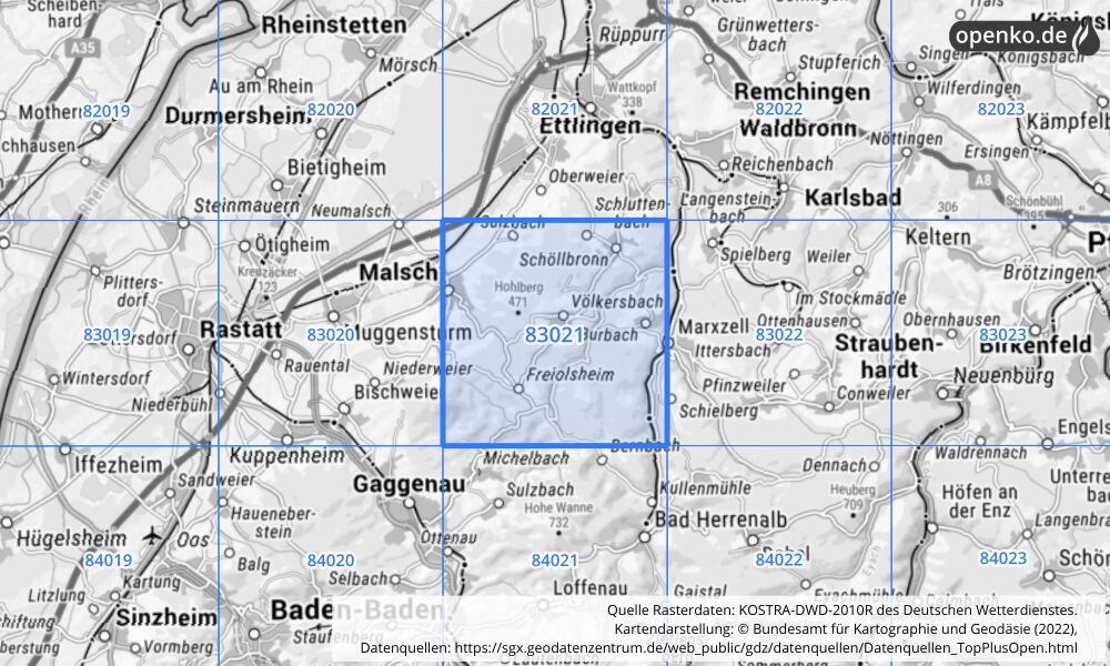 Übersichtskarte KOSTRA-DWD-2010R Rasterfeld Nr. 83021 mit angrenzenden Feldern