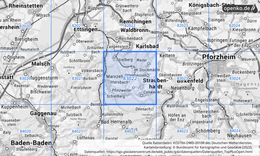 Übersichtskarte KOSTRA-DWD-2010R Rasterfeld Nr. 83022 mit angrenzenden Feldern