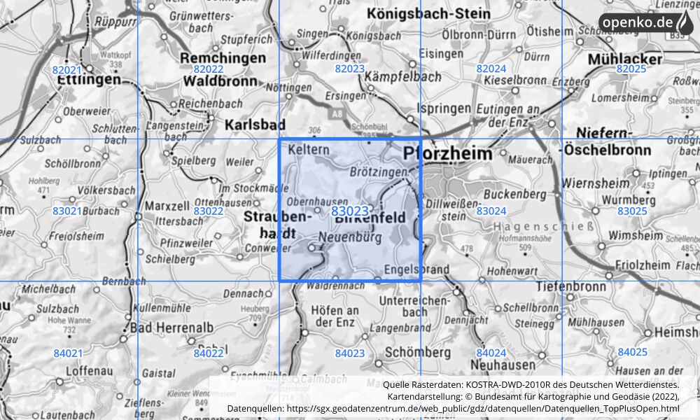 Übersichtskarte KOSTRA-DWD-2010R Rasterfeld Nr. 83023 mit angrenzenden Feldern