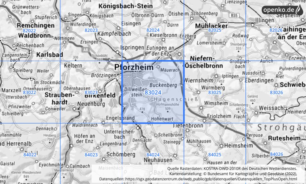 Übersichtskarte KOSTRA-DWD-2010R Rasterfeld Nr. 83024 mit angrenzenden Feldern