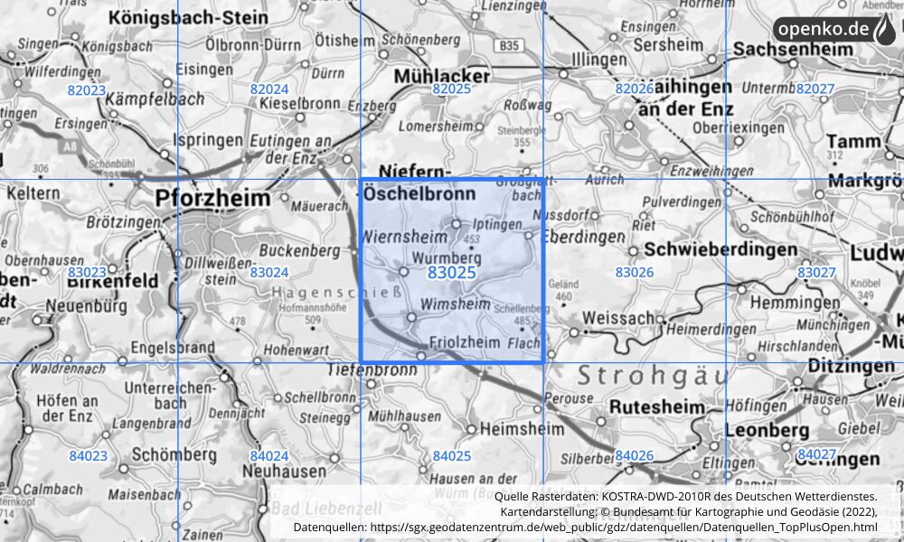 Übersichtskarte KOSTRA-DWD-2010R Rasterfeld Nr. 83025 mit angrenzenden Feldern