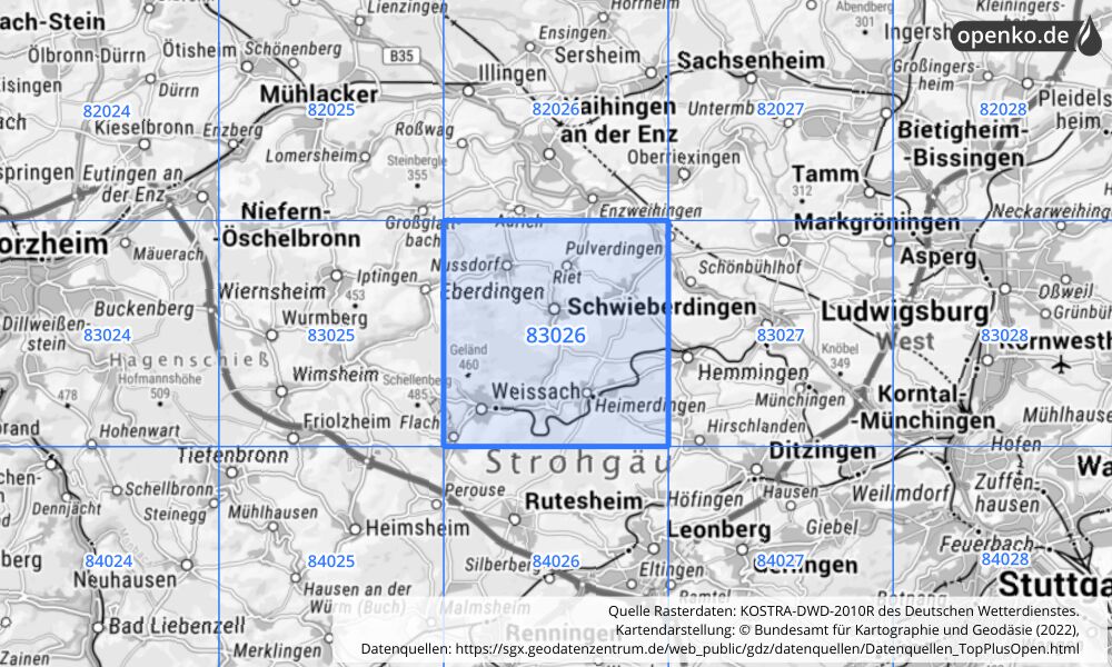 Übersichtskarte KOSTRA-DWD-2010R Rasterfeld Nr. 83026 mit angrenzenden Feldern