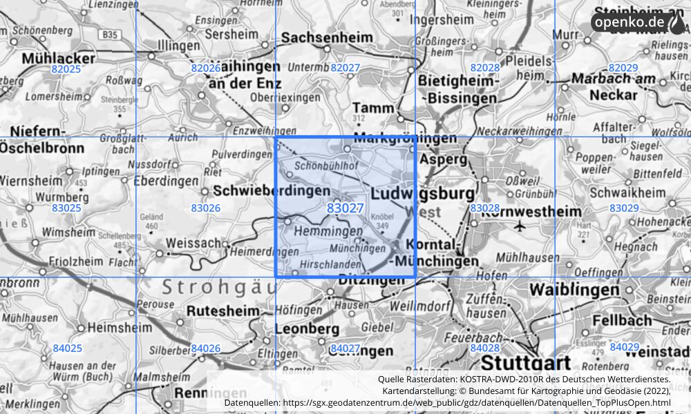 Übersichtskarte KOSTRA-DWD-2010R Rasterfeld Nr. 83027 mit angrenzenden Feldern