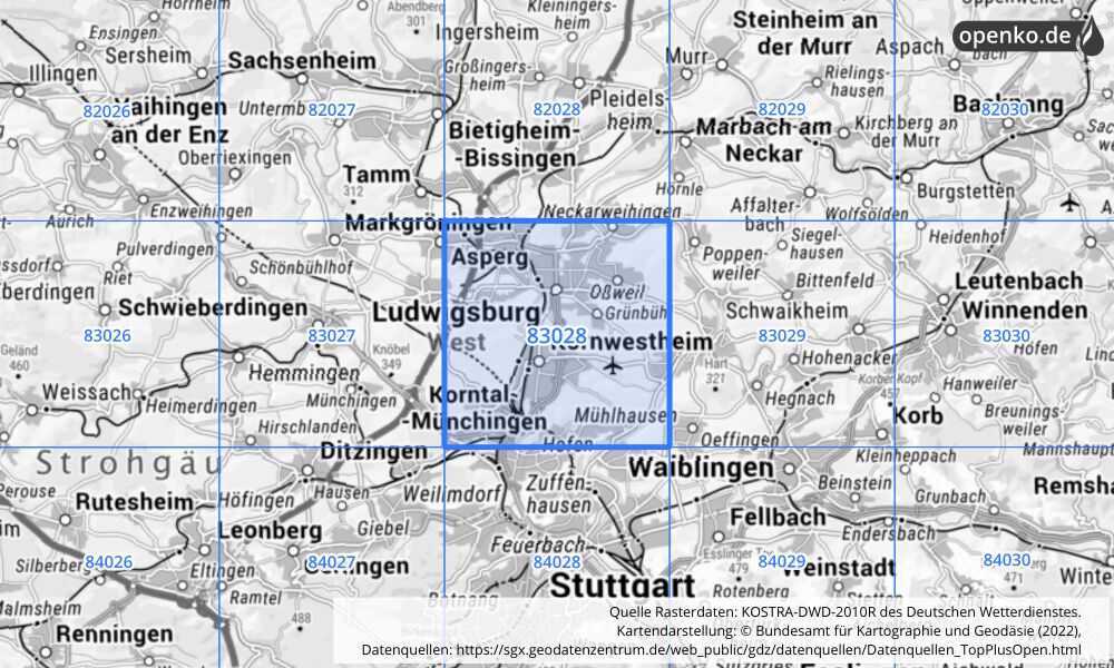 Übersichtskarte KOSTRA-DWD-2010R Rasterfeld Nr. 83028 mit angrenzenden Feldern